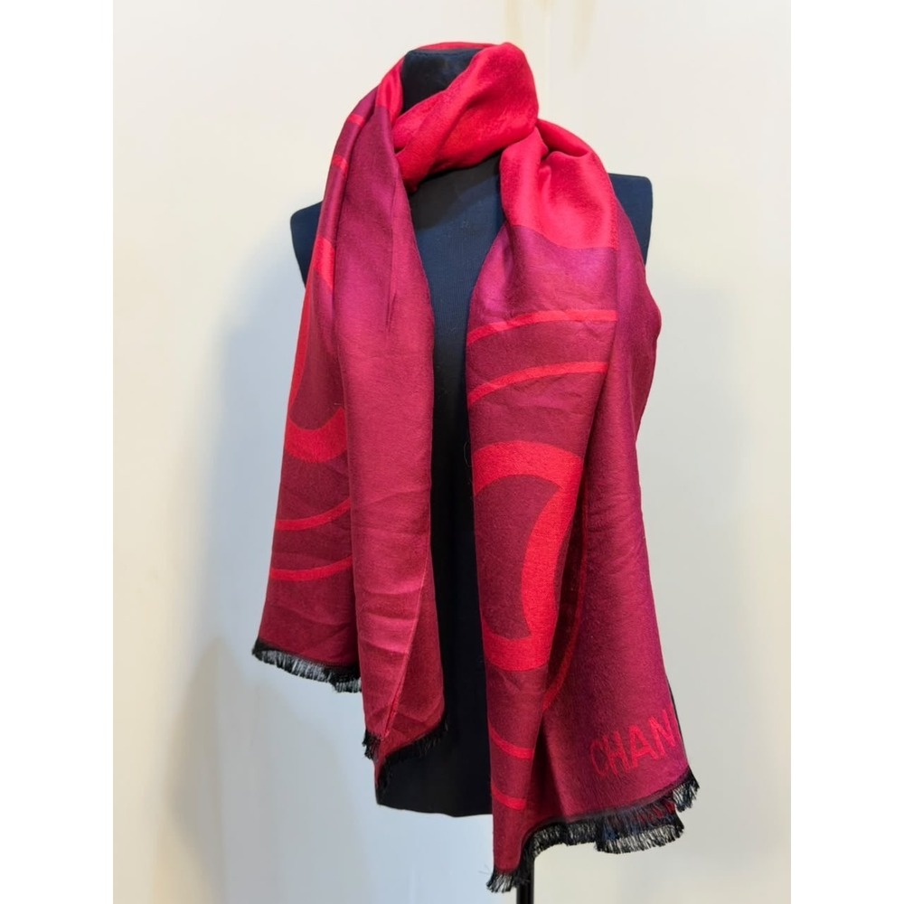 Chanel Red Burgundy 100% Silk Logo Scarf Shawl Wrap Made in Italy CC Logo